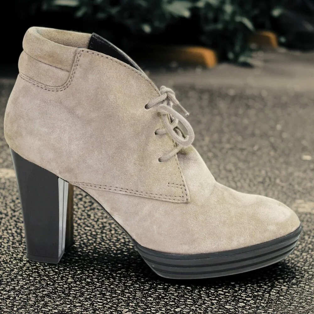 Hogan Catawiki Sand Suede Lace-Up Heeled Ankle Boot, Size 36.5 (US 6.5)